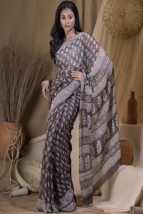 Florets Kota & Zari Border Bagru Block Printed Chanderi Silk Saree Online