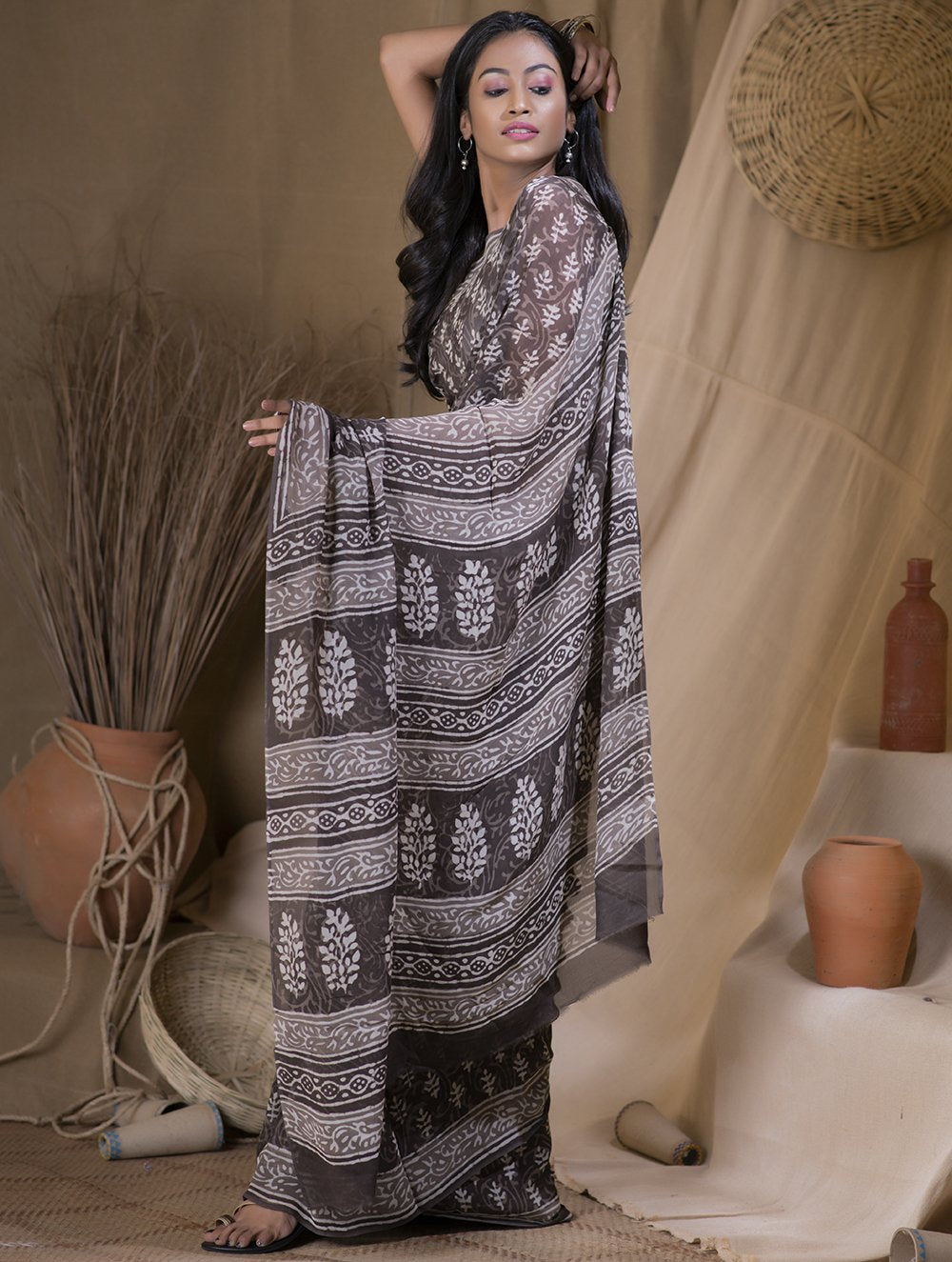 Florets Kota & Zari Border Bagru Block Printed Chanderi Silk Saree Online