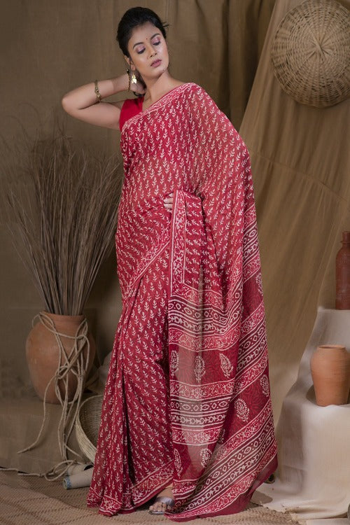 Leaf & Floret Bagru Block Printed Georgette Saree Online