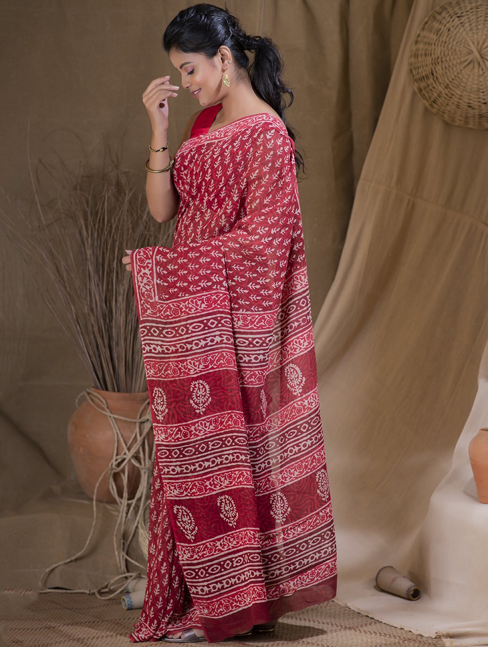 Leaf & Floret Bagru Block Printed Georgette Saree Online