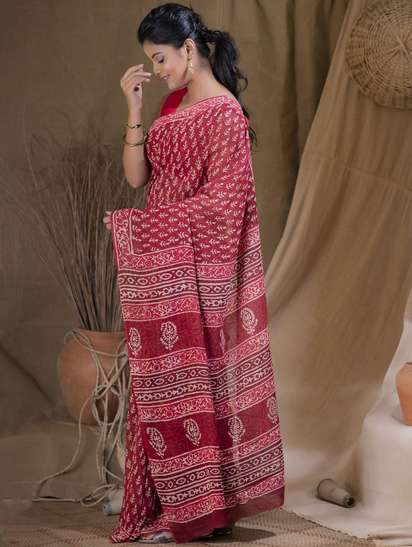 Leaf & Floret Bagru Block Printed Georgette Saree Online