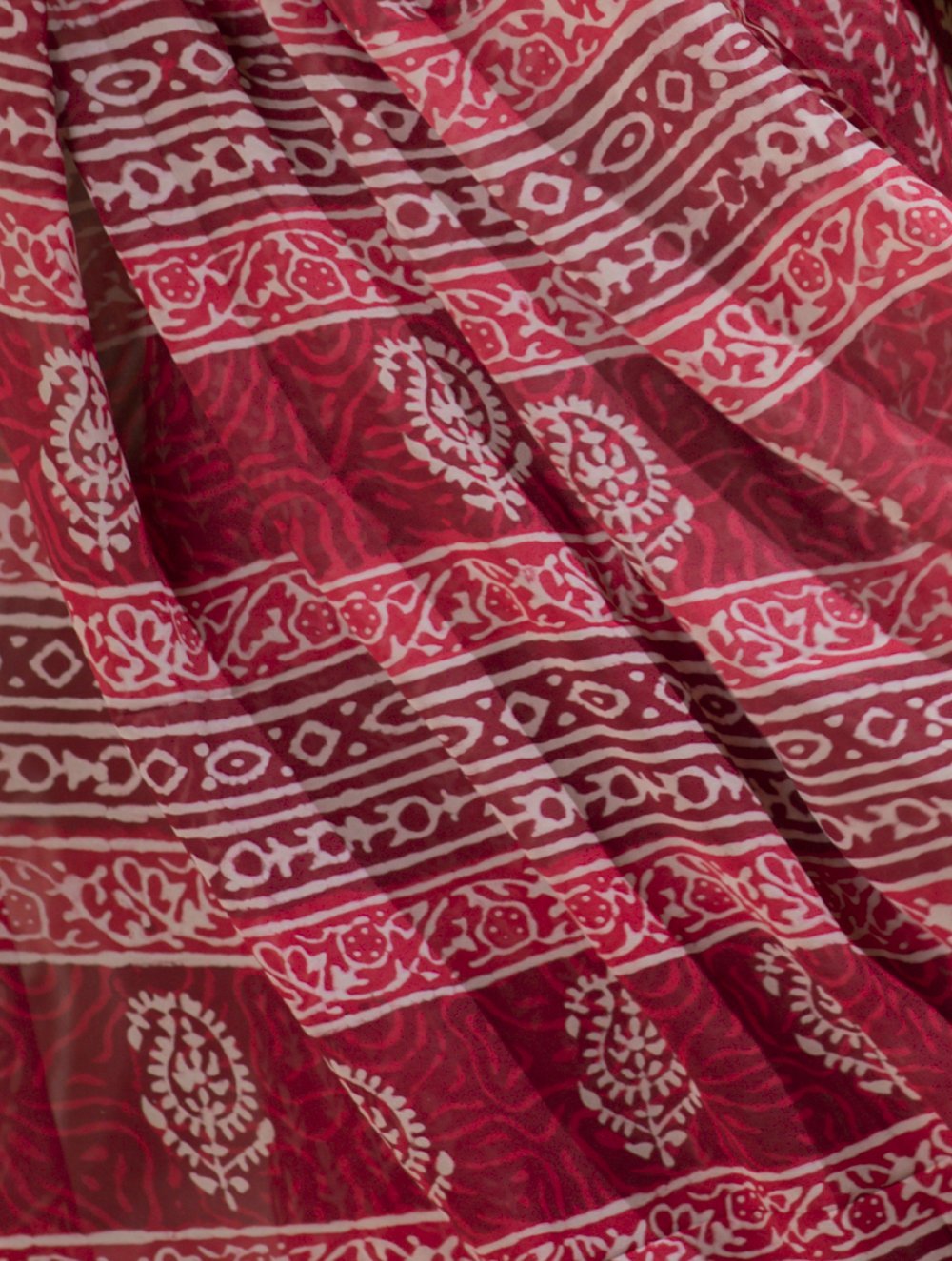 Bagru Block Printed Georgette Saree - Leaf & Floret (With Blouse Piece)