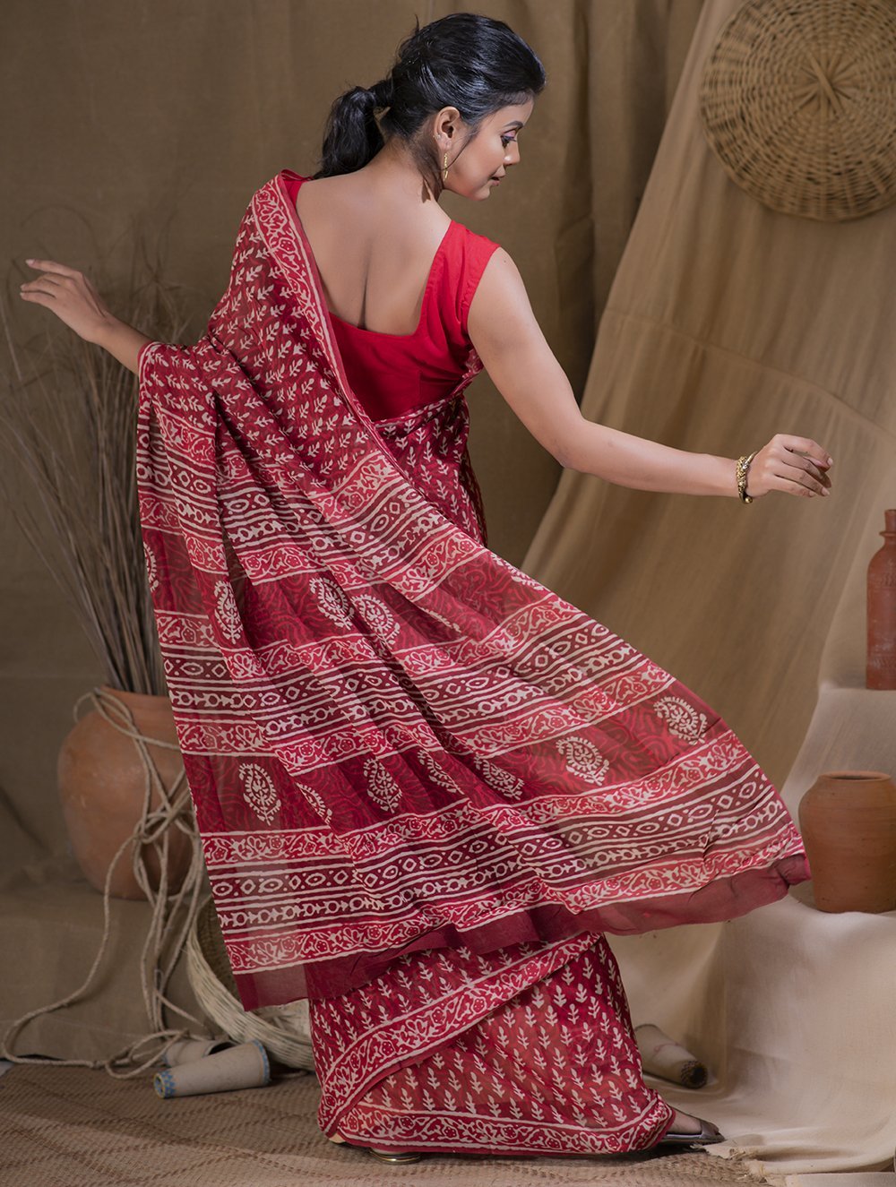Bagru Block Printed Georgette Saree - Leaf & Floret (With Blouse Piece)