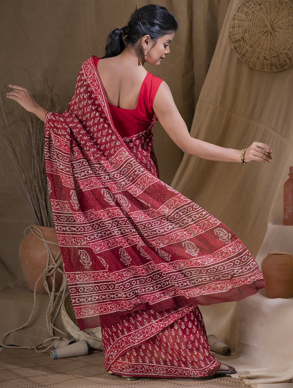 Bagru Block Printed Georgette Saree - Leaf & Floret (With Blouse Piece)