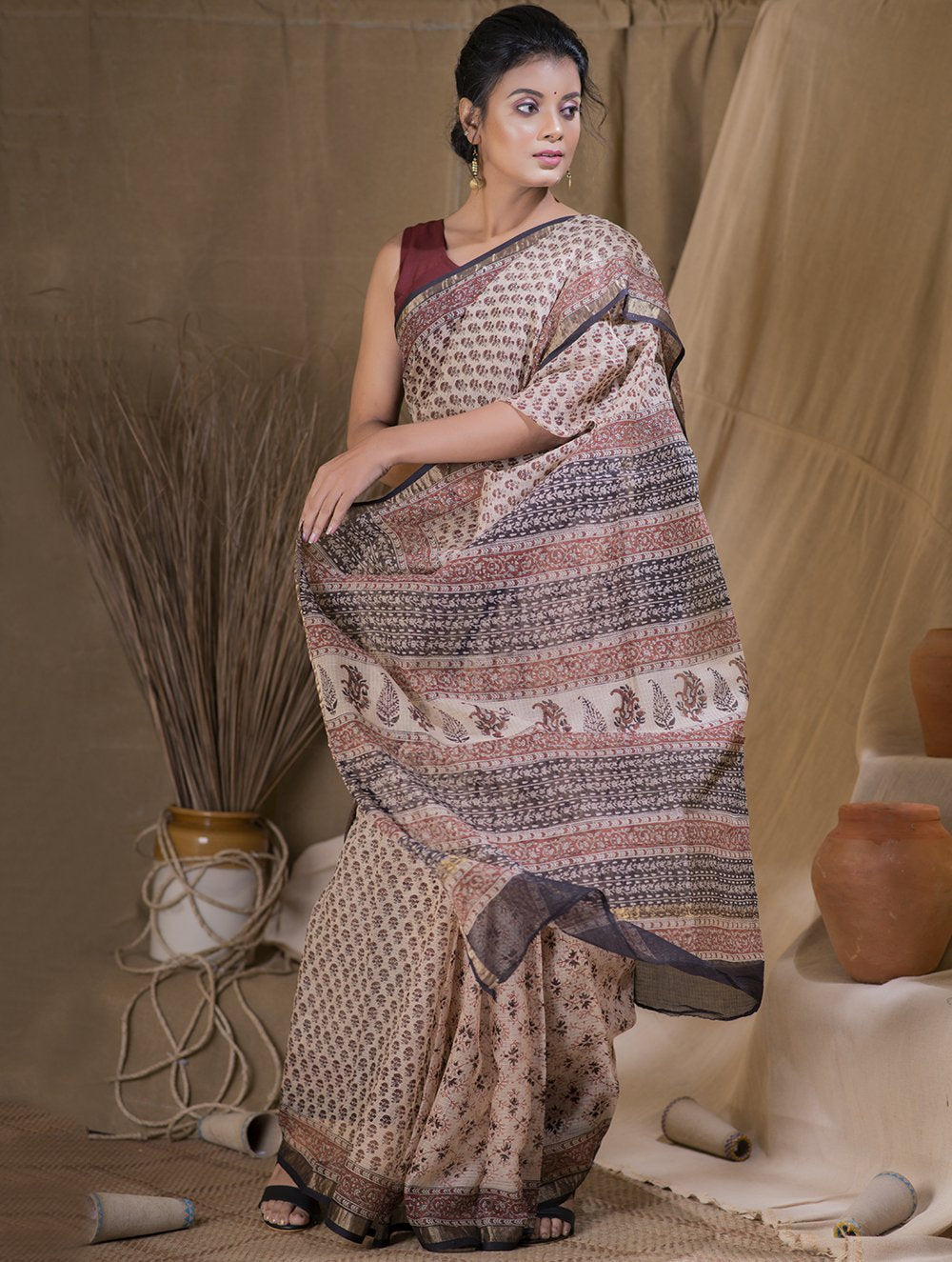 Floral Bloom Bagru Block Printed Maheshwari Saree Online