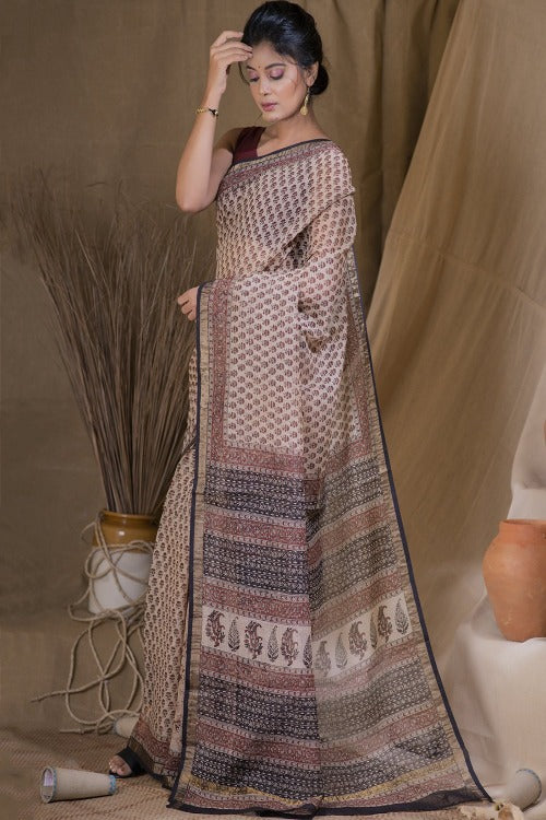 Floral Bloom Bagru Block Printed Maheshwari Saree Online