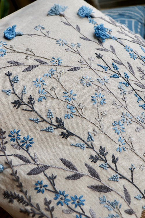 Okhai 'Blue Poppy' Hand Embroidery Cushion Cover
