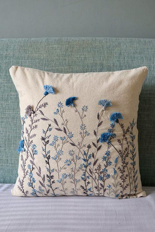 Okhai 'Blue Poppy' Hand Embroidery Cushion Cover