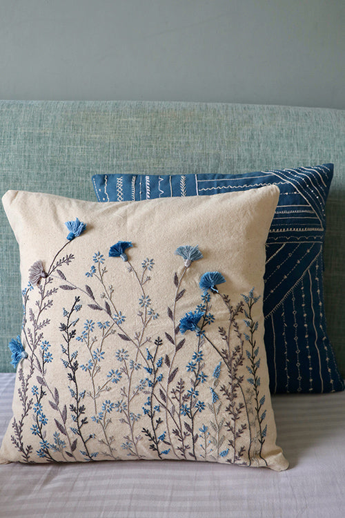 Okhai 'Blue Poppy' Hand Embroidery Cushion Cover