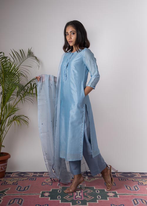 Urmul Bluebell Embroidered Chanderi Kurta Pant Set For Women Online