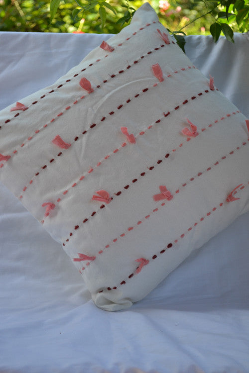 Porgai 'Living Coral A' Hand Embriodered Cotton Cushion Cover White