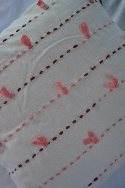 Porgai 'Living Coral A' Hand Embriodered Cotton Cushion Cover White