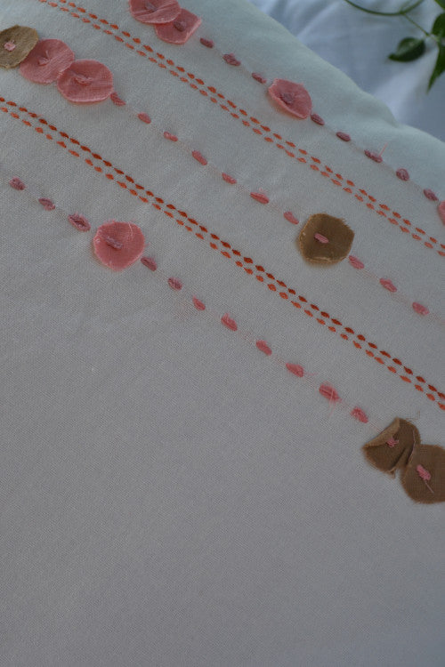 Porgai 'Living Coral A' Hand Embriodered Cotton Cushion Cover White