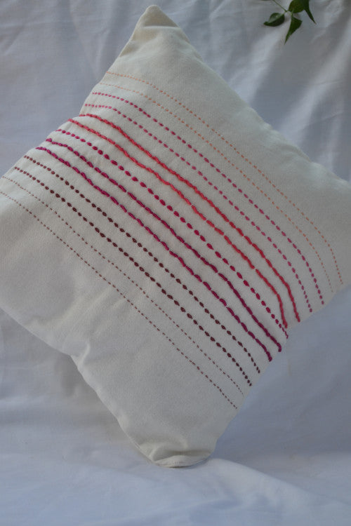 Porgai 'Living Coral A' Hand Embriodered Cotton Cushion Cover White