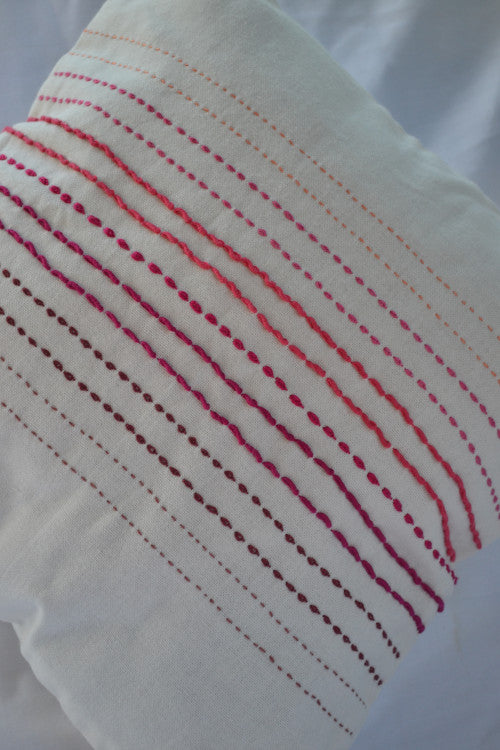 Porgai 'Living Coral A' Hand Embriodered Cotton Cushion Cover White