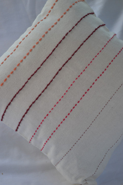 Porgai 'Living Coral A' Hand Embriodered Cotton Cushion Cover White