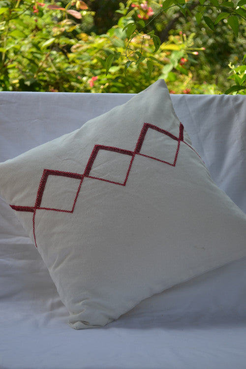 Porgai 'Living Coral B' Hand Embriodered Cotton Cushion Cover Offwhite