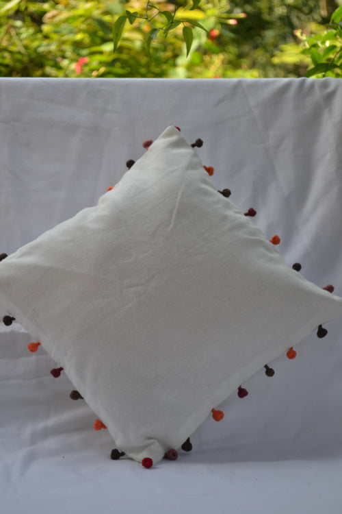 Porgai 'Living Coral B' Hand Embriodered Cotton Cushion Cover Offwhite
