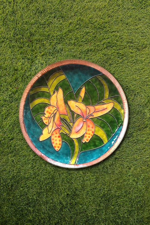 Copper Enamel Wall Plate "Gardens of Vishwakarma, Greens -Canna-M" by Ekibeki