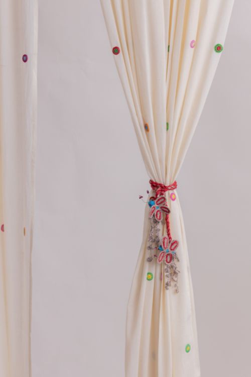 Samoolam Handmade Crochet Curtain Tie Backs Pair-Kono Red & Metallic Dragonfly