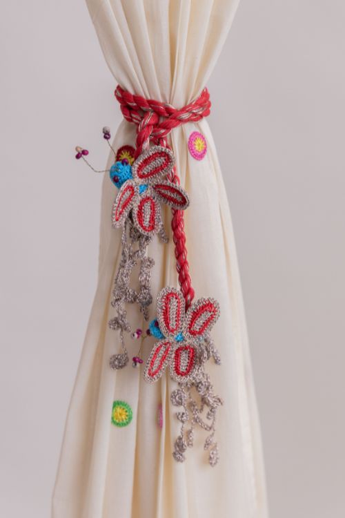Samoolam Handmade Crochet Curtain Tie Backs Pair-Kono Red & Metallic Dragonfly