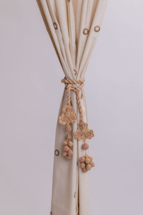 Samoolam Handmade Crochet Curtain Tie Backs Pair Kono Beige Triple Flower & Beads
