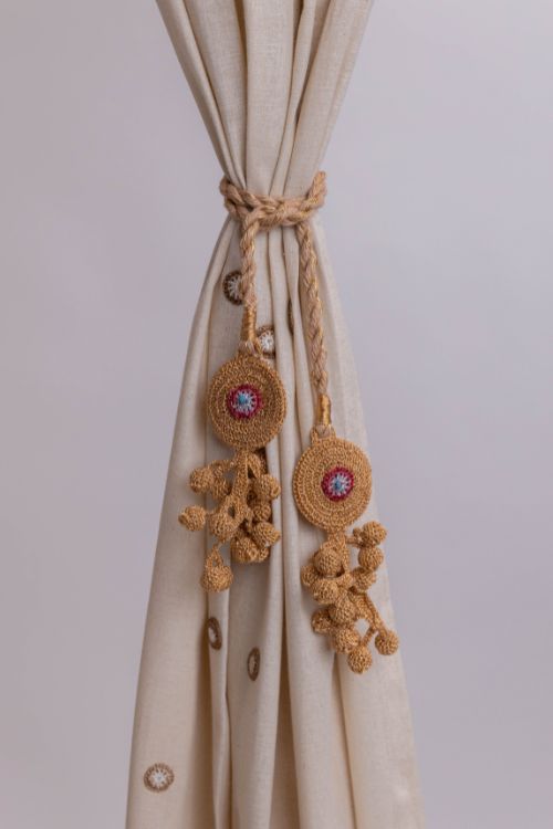 Samoolam Handmade Crochet Curtain Tie Backs Set Kono Copper Tikki & Beads