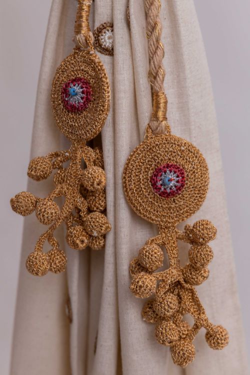 Samoolam Handmade Crochet Curtain Tie Backs Set Kono Copper Tikki & Beads