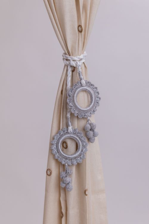Samoolam Handmade Crochet Curtain Tie Backs Set Kono Silver Scalloped Rings