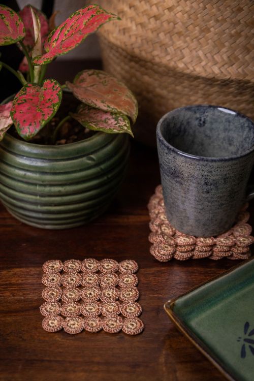 Samoolam Handmade Crochet Ziba Square Coasters Rust Beige
