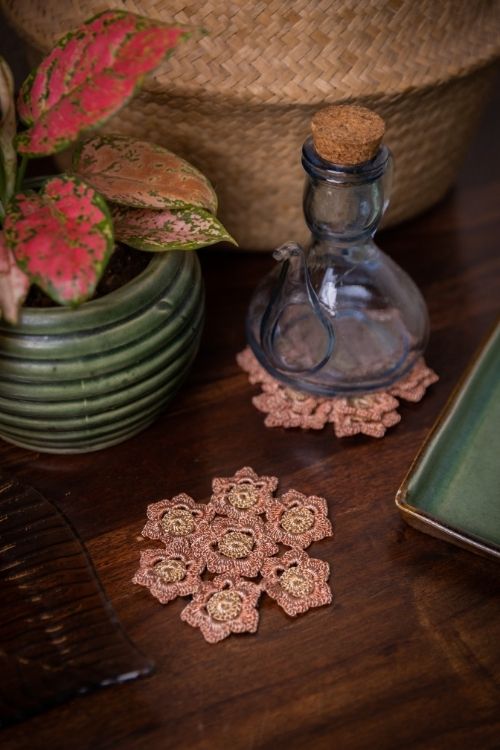 Samoolam Handmade Crochet Ziba Floral Coasters Rust Beige