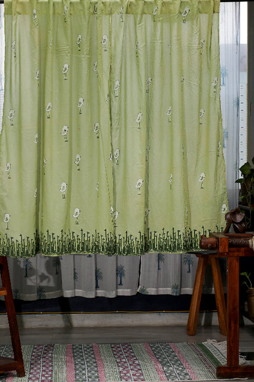 SootiSyahi 'Jungle Tale- Pastel Green' Handblock Printed Cotton WindowCurtain