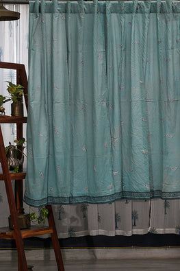 SootiSyahi 'Hiding Sparrow- Pastel Blue' Handblock Printed Cotton WindowCurtain