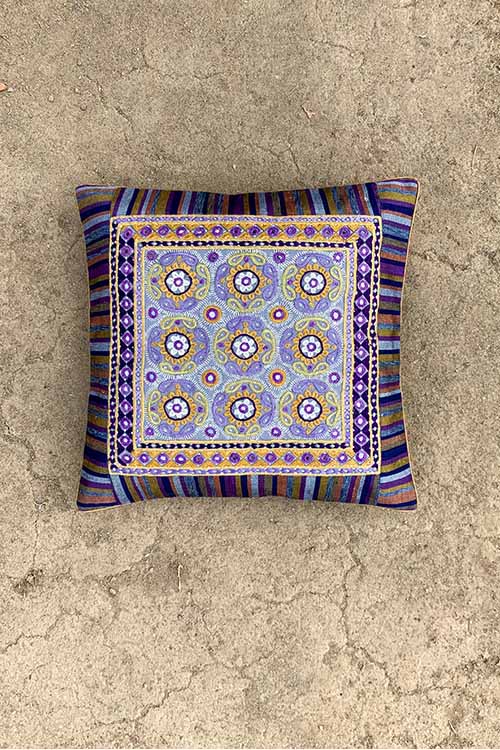 Shrujan ‘Zaya’ 40cm X 40cm Purple Toned Hand Embroidered Handloom Cotton Cushion Cover Pair