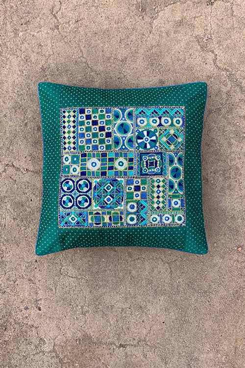 Shrujan “Antariksh” 40cm X 40cm Pine-Green Hand Embroidered Handloom Cotton Mushroo Cushion Cover Pair