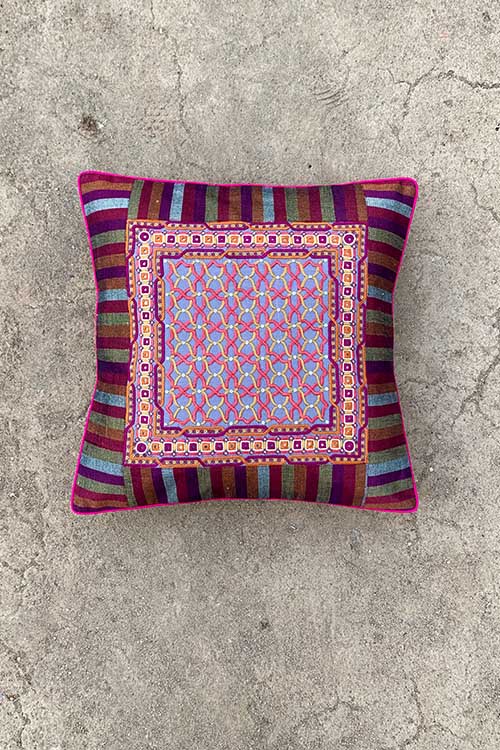 Shrujan ‘Bhamardo’ 40cm X 40cm Multi-coloured Hand Embroidered Handloom Cotton Cushion Cover Pair
