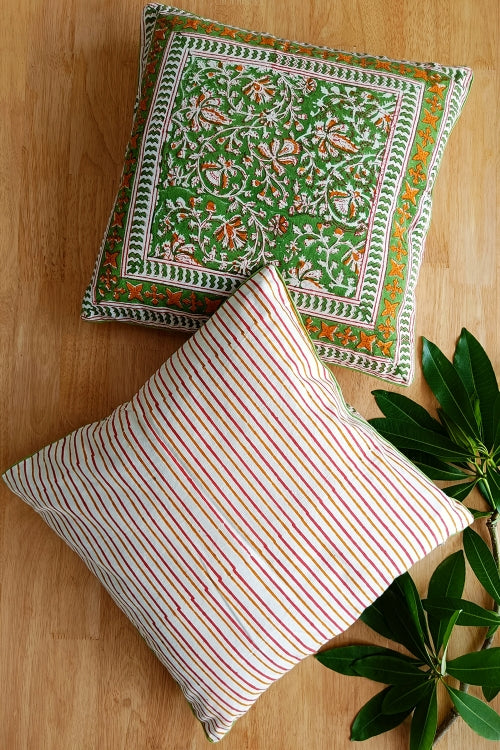 SootiSyahi 'Green Garden' Hand Printed Cotton Cushion Set Of Two