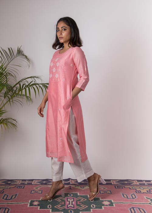 Urmul 'Carnation'Hand Embroidered carnation chanderi kurta . 2pc set (kurta and dupatta)