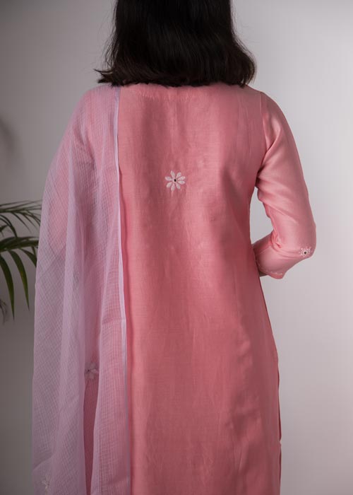 Urmul 'Carnation'Hand Embroidered carnation chanderi kurta . 2pc set (kurta and dupatta)