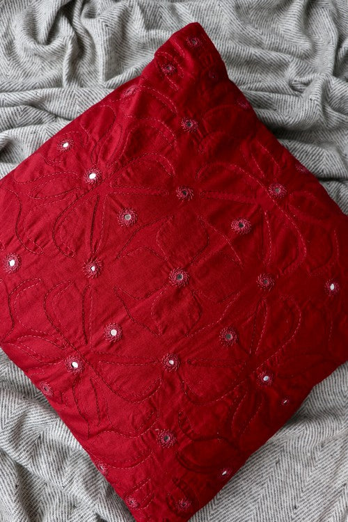 Okhai 'Home' Applique Mirror Work Pure Cotton Cushion Cover (Red)