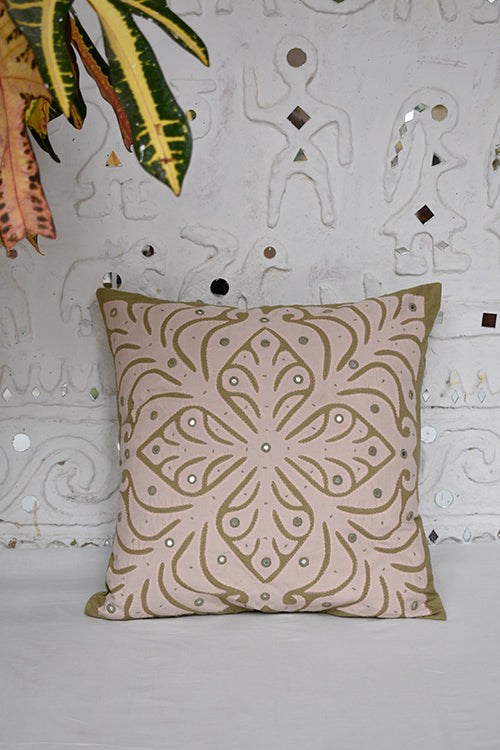 Okhai 'Almond' Applique Work Herbal Dyed Cushion Cover