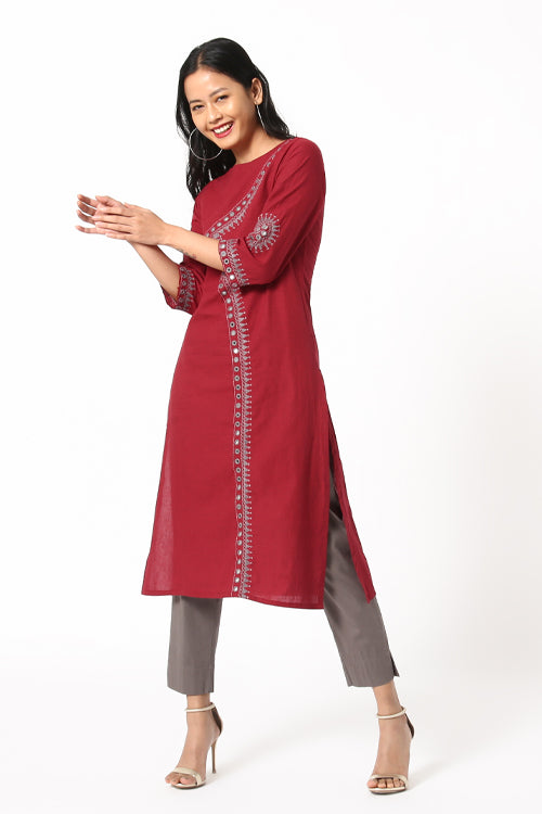 Okhai 'Red Ruby' Embroidered Cotton Kurta