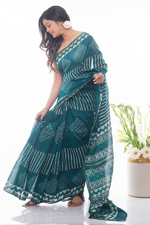 TICH Dabu Block Printed Chanderi Saree - Green Geometrics