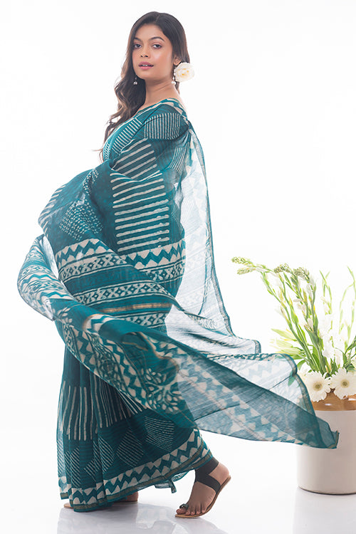 TICH Dabu Block Printed Chanderi Saree - Green Geometrics