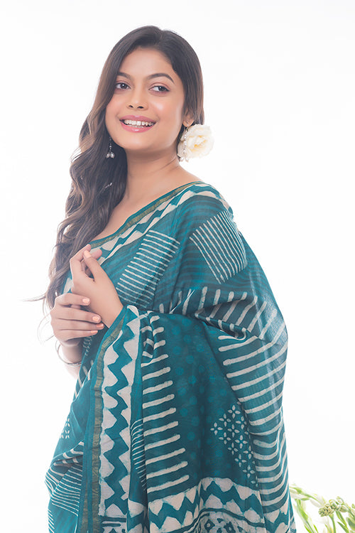 TICH Dabu Block Printed Chanderi Saree - Green Geometrics
