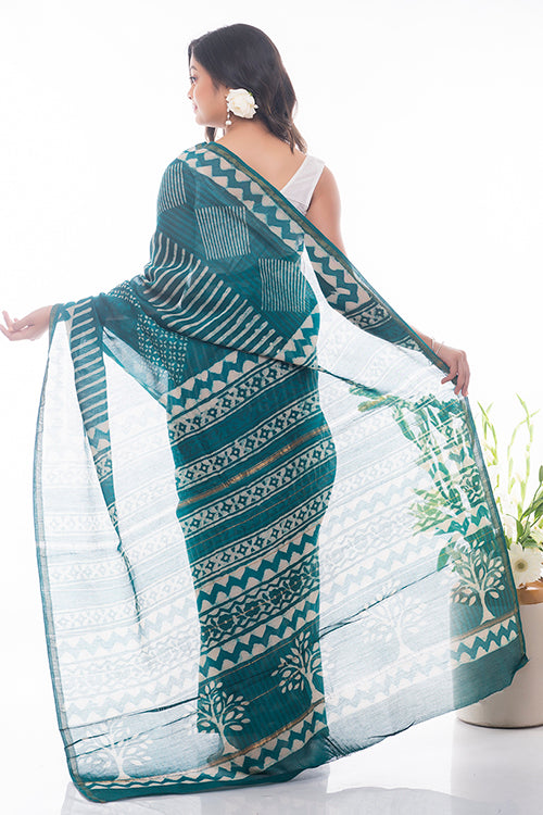TICH Dabu Block Printed Chanderi Saree - Green Geometrics