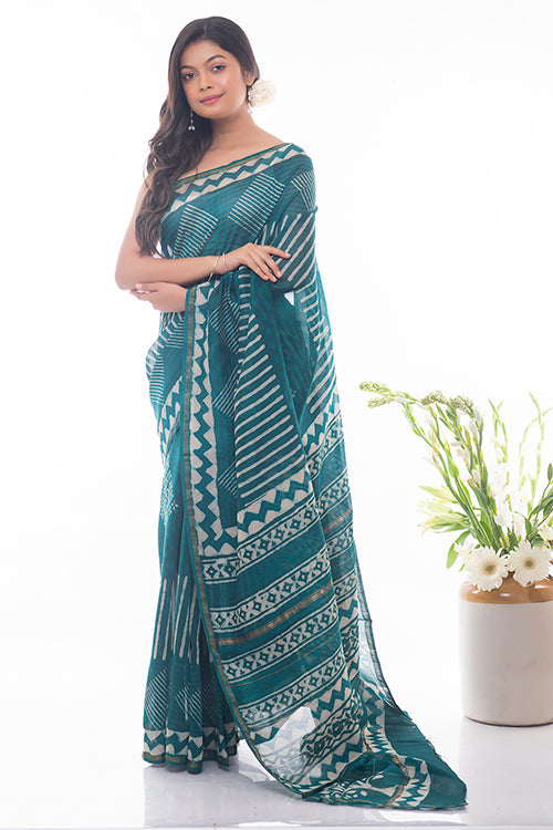 TICH Dabu Block Printed Chanderi Saree - Green Geometrics