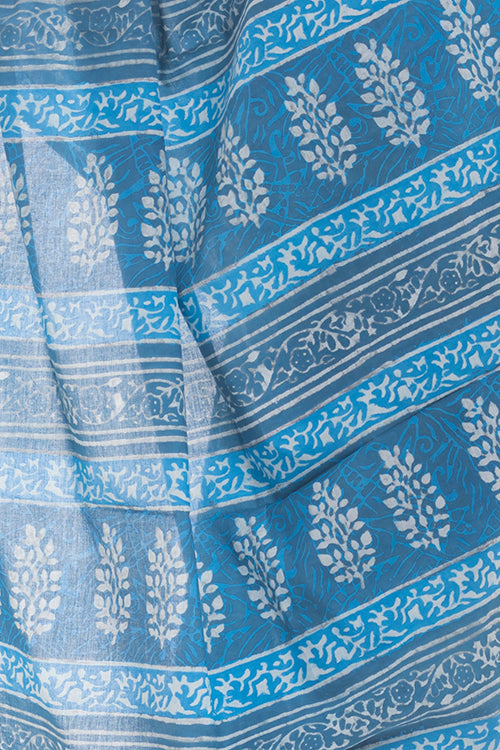 Summer Classics. Dabu Block Printed Cotton Saree - Warm Blue Leaves