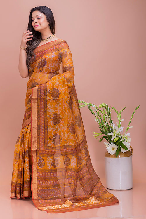 Bagru & Dabu Block Printed Mustard Elephants Kota Doria Saree Online
