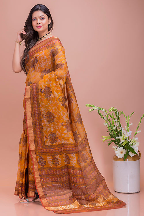Bagru & Dabu Block Printed Mustard Elephants Kota Doria Saree Online